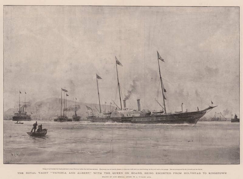Royal Yacht Victoria og Albert, med dronningen om bord, bliver eskorteret fra Holyhead til Kingstown af William Lionel Wyllie