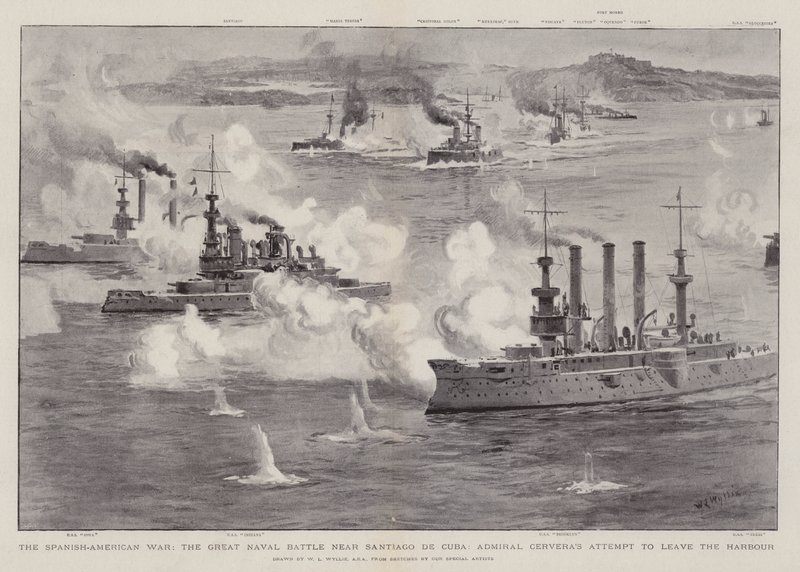 Den spansk-amerikanske krig, det store søslag nær Santiago de Cuba, admiral Cerveras forsøg på at forlade havnen af William Lionel Wyllie