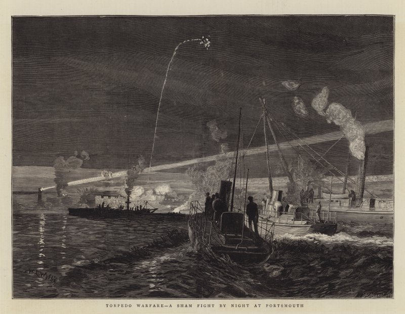 Torpedo Warfare, en falsk kamp om natten i Portsmouth af William Lionel Wyllie