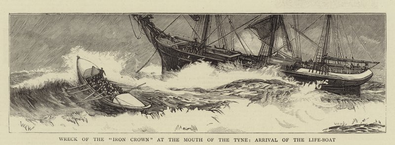 Vraget af jernkronen ved mundingen af Tyne, redningsbådens ankomst af William Lionel Wyllie