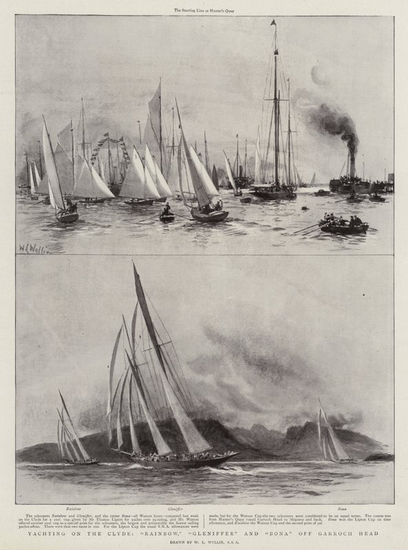 Yachting på Clyde, Rainbow, Gleniffer og Bona ud for Garroch Head af William Lionel Wyllie