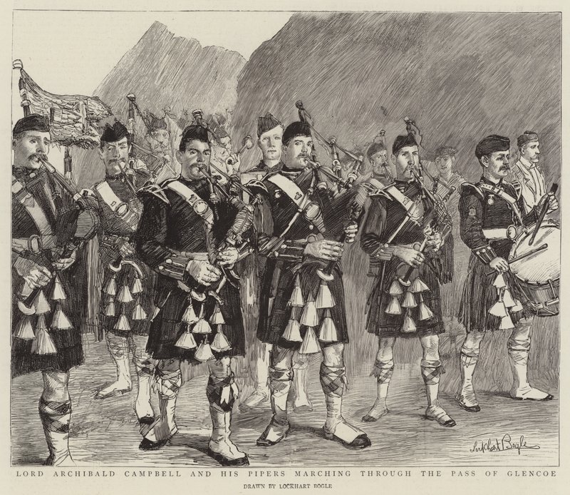 Lord Archibald Campbell og hans Pipers marcherer gennem Pass of Glencoe af William Lockhart Bogle