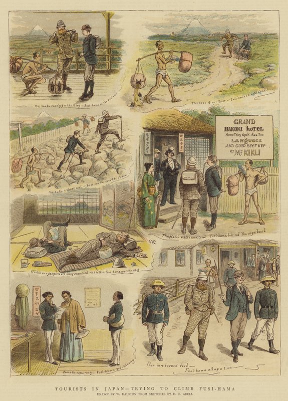 Turister i Japan, der prøver at bestige Fusi-Hama (chromolitho) af William Ralston