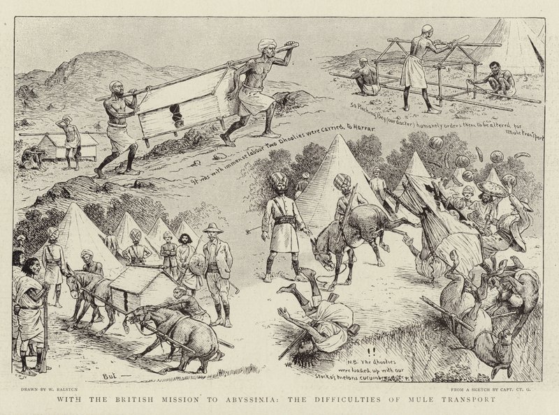 Med den britiske mission til Abessinien, vanskelighederne ved muldyrtransport af William Ralston
