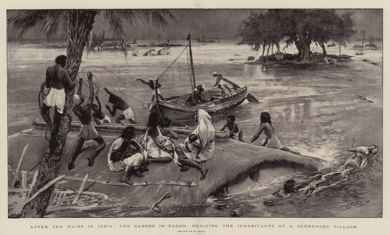 Efter regnen i Indien, Ganges i oversvømmelse, reddede indbyggerne i en nedsænket landsby af William Small