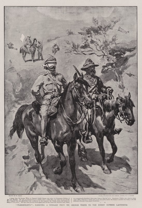 Med bind for øjnene, bærende en besked fra Sir George White til fjenden uden for Ladysmith af William Small
