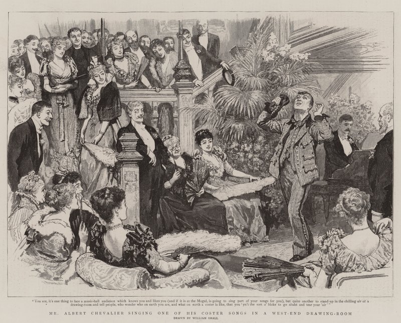 Albert Chevalier synger en af sine Coster-sange i en West-End Drawing Room af William Small