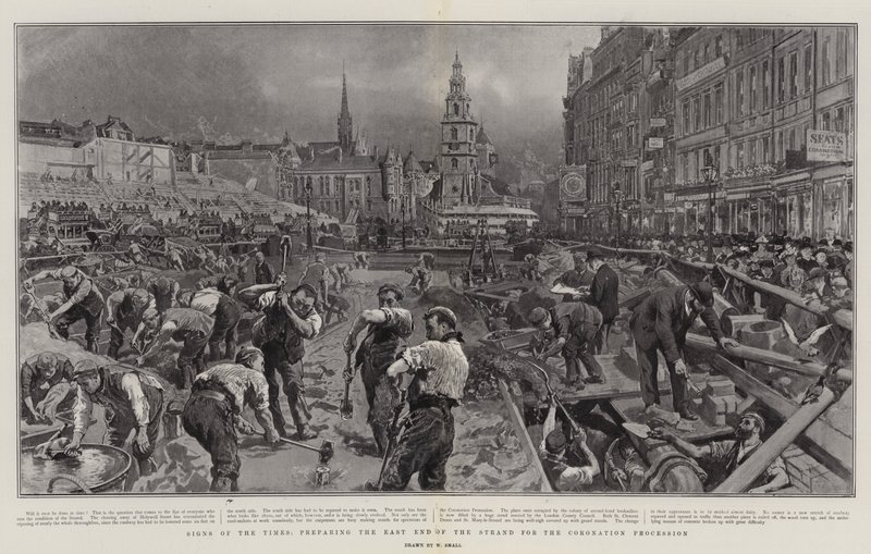Tidens tegn, forbereder East End of the Strand til kroningsprocessionen af William Small