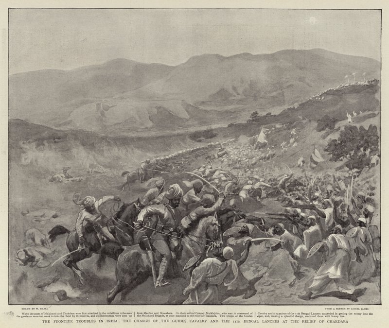 Grænseproblemerne i Indien, angrebet fra det guidede kavaleri og 11. bengalske lancierkorps ved afløsningen af Chakdara, august 1897 af William Small