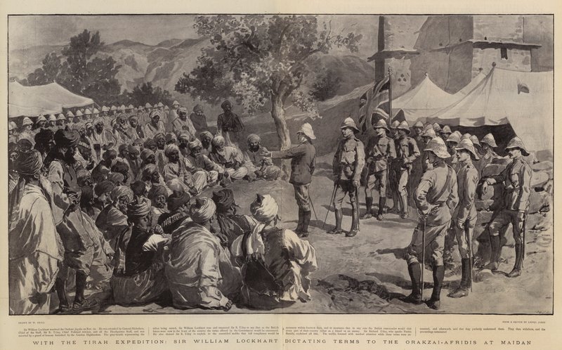 Med Tirah-ekspeditionen dikterer Sir William Lockhart vilkårene for Orakzai-Afridierne i Maidan af William Small