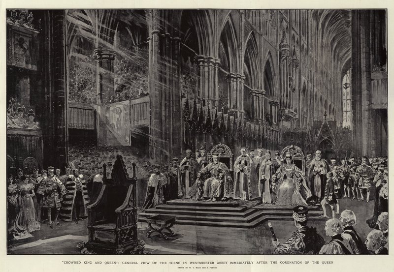 Kronet konge og dronning, generel udsigt over scenen i Westminster Abbey umiddelbart efter dronningens kroning af William T. Maud