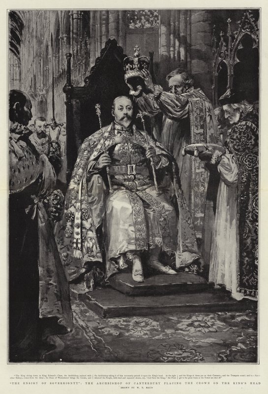 Suverænitetens Fændrik, ærkebiskoppen af Canterbury sætter kronen på kongens hoved af William T. Maud