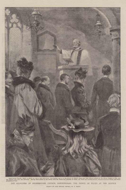Genåbningen af Shernbourne Church, Sandringham, Prinsen af Wales ved gudstjenesten af William T. Maud
