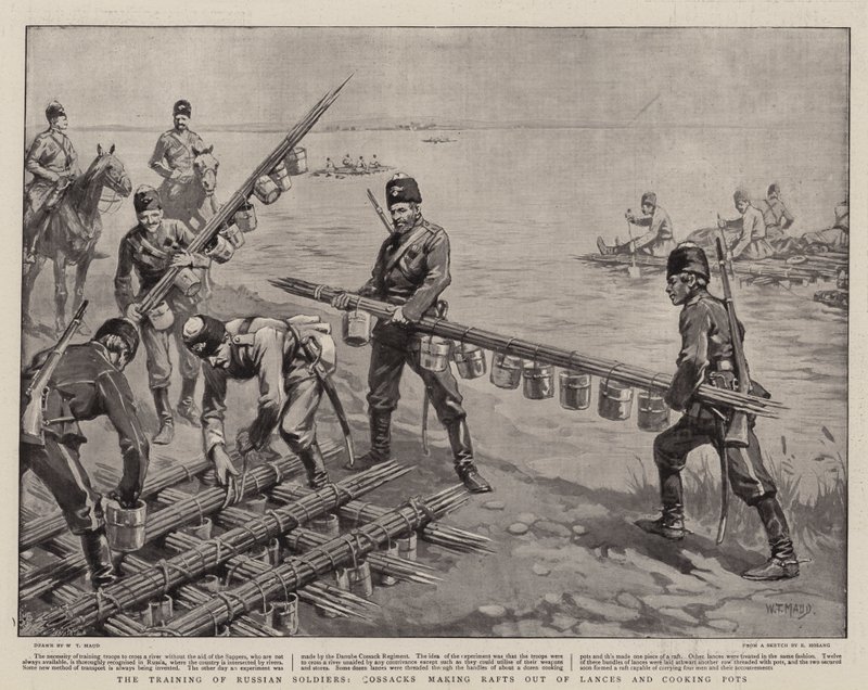 Uddannelsen af russiske soldater, kosakker, der laver flåder af lanser og kogegryder af William T. Maud