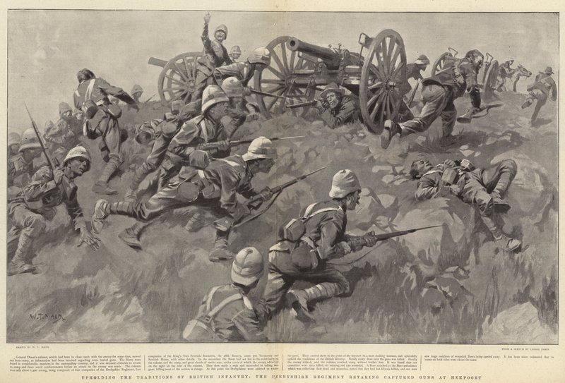 Ved at opretholde traditionerne for britisk infanteri, gentog Derbyshire Regiment Captured Guns ved Hekpoort af William T. Maud