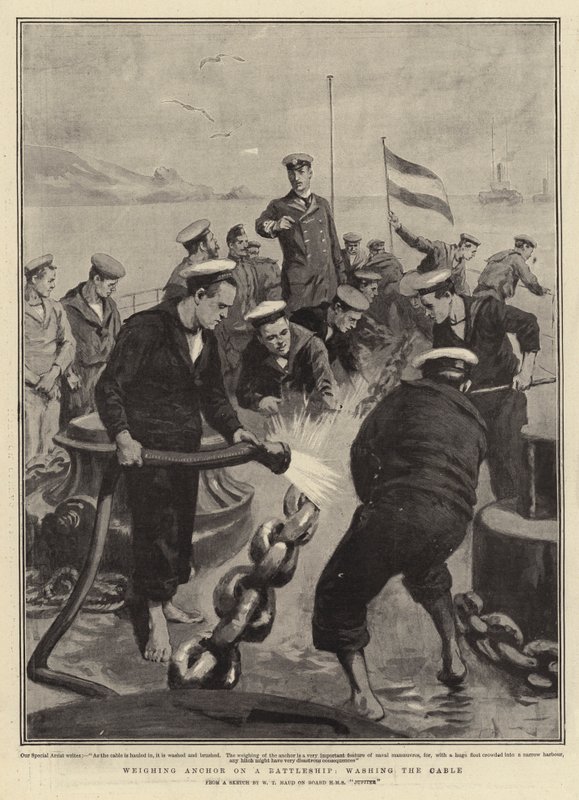 Vejer anker på et slagskib, vasker kablet af William T. Maud