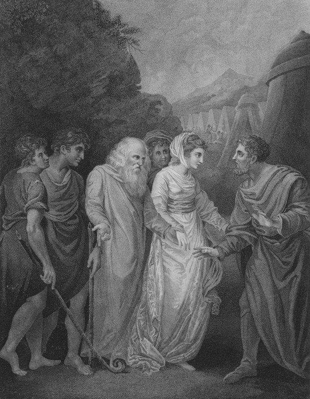 Moses møder sin kone og sønner, 2. Mosebog 18, vers 5-8 (gravering) af William (after) Artaud