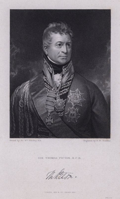 Sir Thomas Picton, walisisk general fra Napoleonskrigene dræbt i slaget ved Waterloo (gravering) af William (after) Beechey
