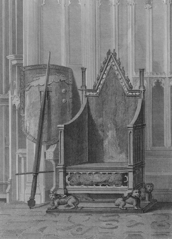 Kroningsstolen for de engelske suveræner med Edward den Tredies skjold og statssværd, Westminster Abbey (gravering) af William (after) Capon