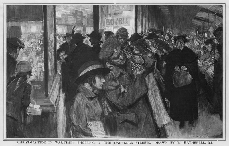 Juletid i krigstid: Shopping på de mørke gader (litho) af William (after) Hatherell