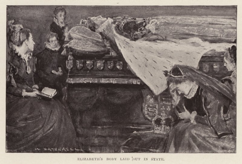 Elizabeths første lig lagt på kistebunden, pub. 1898 (litografi) af William (after) Hatherell