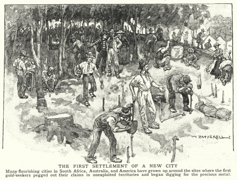 Den første bosættelse af en ny by (litho) af William (after) Hatherell