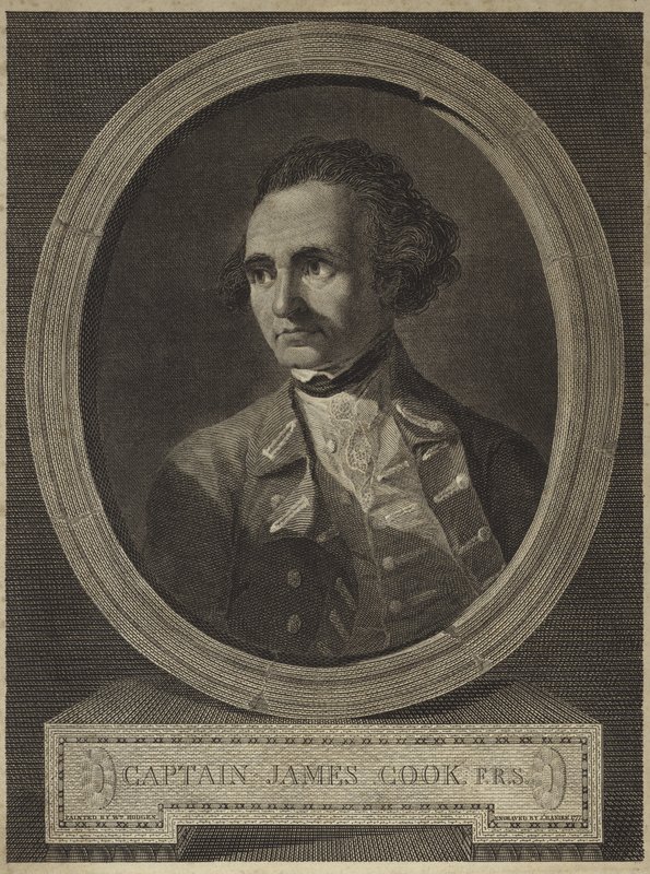 Portræt af kaptajn James Cook (gravering) af William (after) Hodges