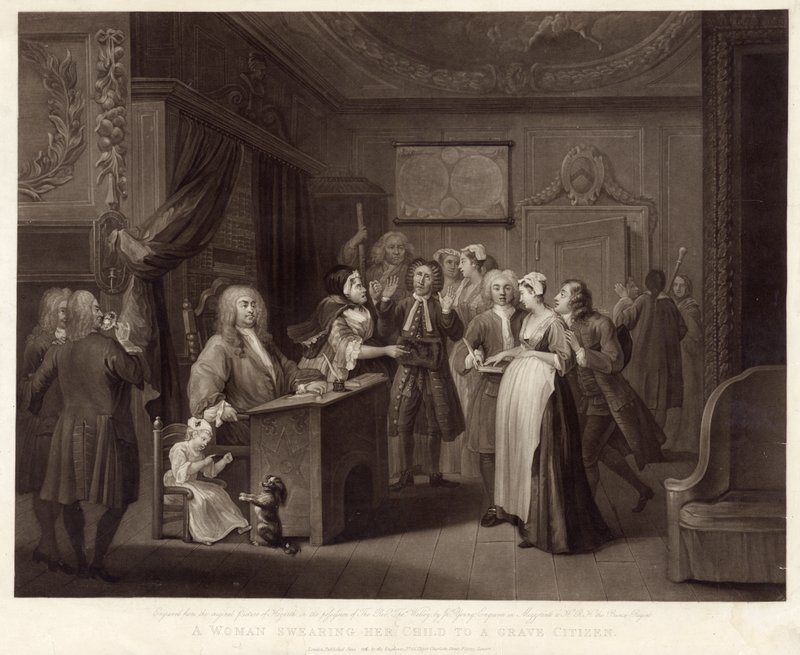 En kvinde, der sværger sit barn til en gravborger (mezzotint) af William (after) Hogarth