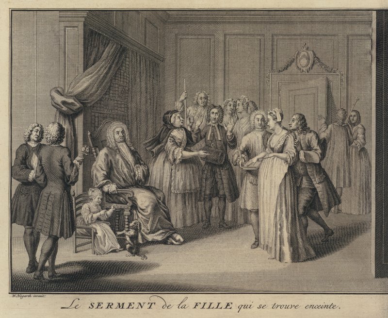 En kvinde, der sværger et barn til en gravborger (gravering) af William (after) Hogarth
