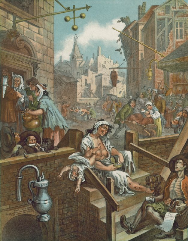 Kromolitografi af William Hogarths Gin Lane (chromolitho) af William (after) Hogarth