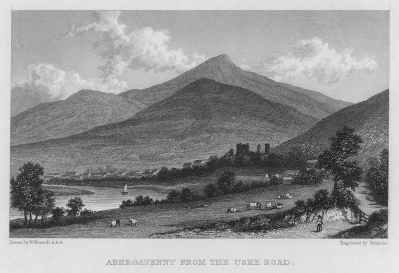 Abergavenny fra Uske Road (gravering) af William (after) Westall