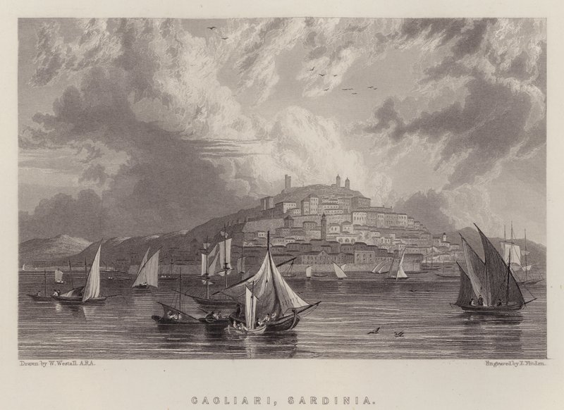 Cagliari, Sardinien (farve litho) af William (after) Westall