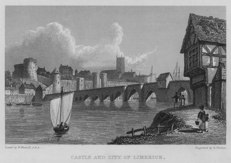 Slottet og byen Limerick (gravering) af William (after) Westall