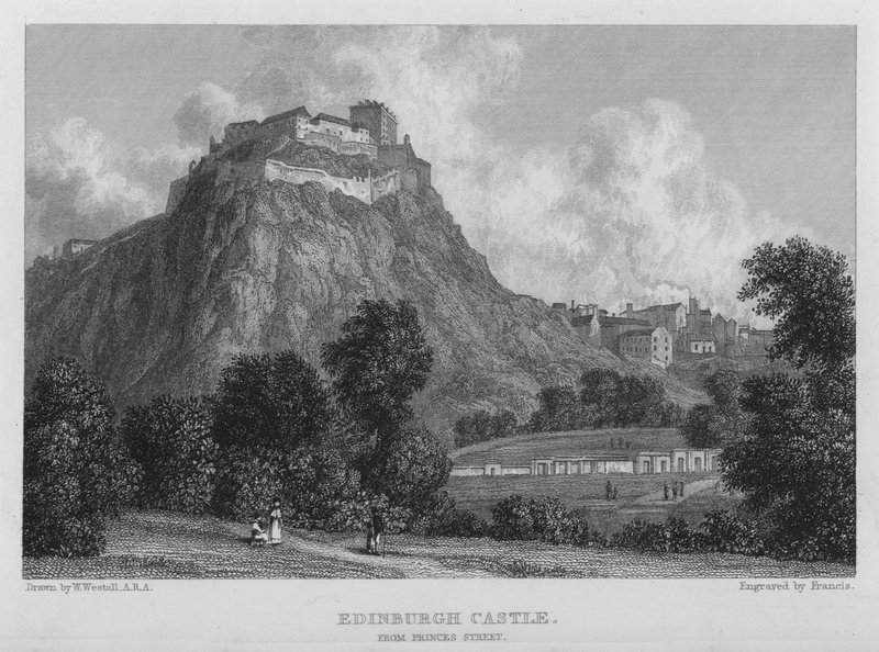 Edinburgh Castle, fra Princes Street (gravering) af William (after) Westall