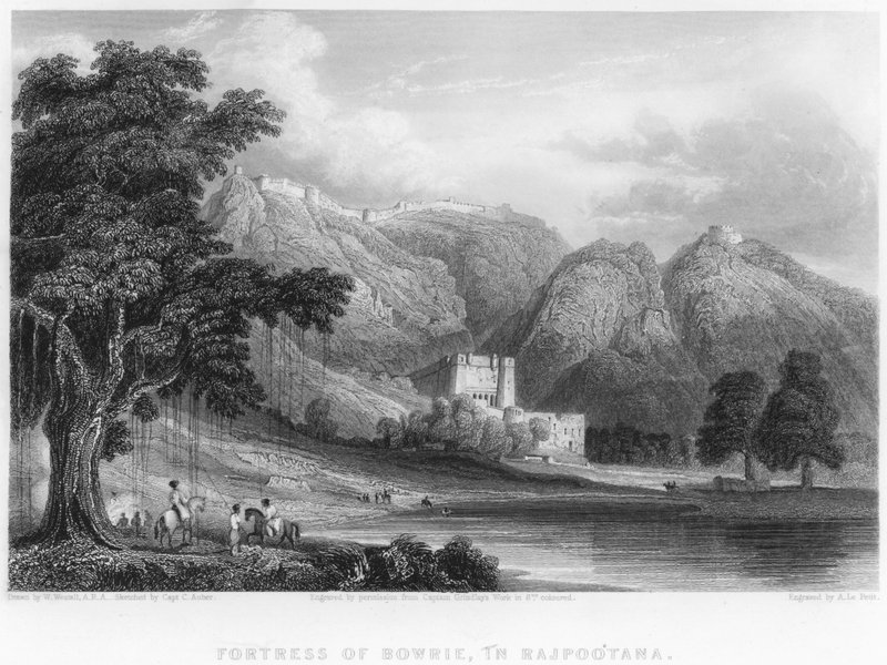 Fortress of Bowrie, i Rajpootana (gravering) af William (after) Westall