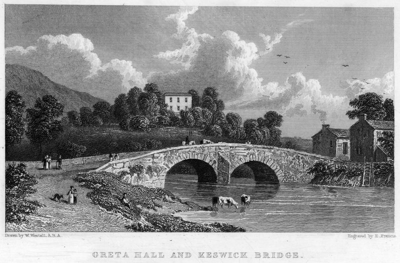 Greta Hall og Keswick Bridge (gravering) af William (after) Westall