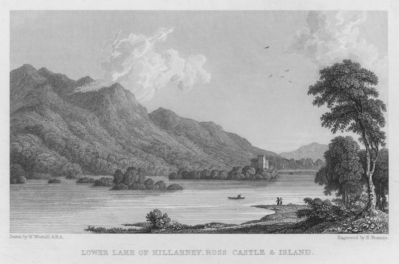 Nedre Lake of Killarney, Ross Castle og Island (gravering) af William (after) Westall