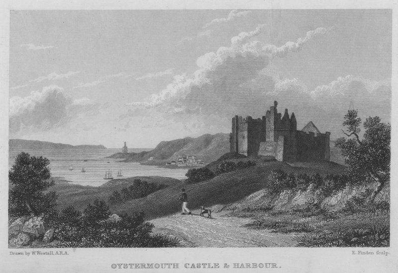 Oystermouth Castle and Harbour (gravering) af William (after) Westall