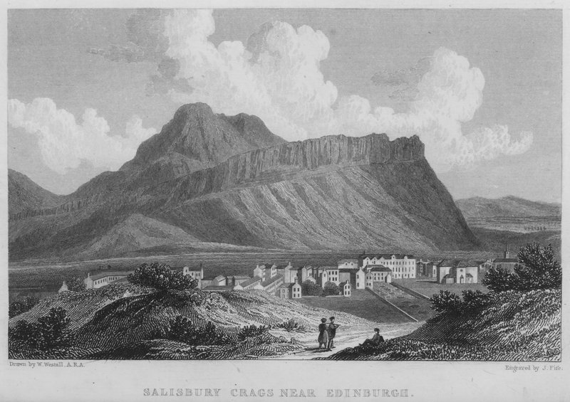 Salisbury Crags nær Edinburgh (gravering) af William (after) Westall