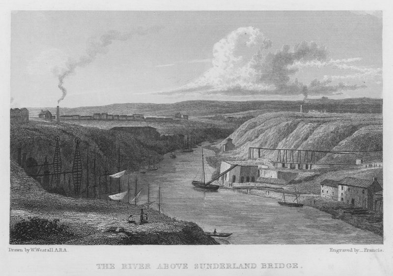 Floden over Sunderland Bridge (gravering) af William (after) Westall