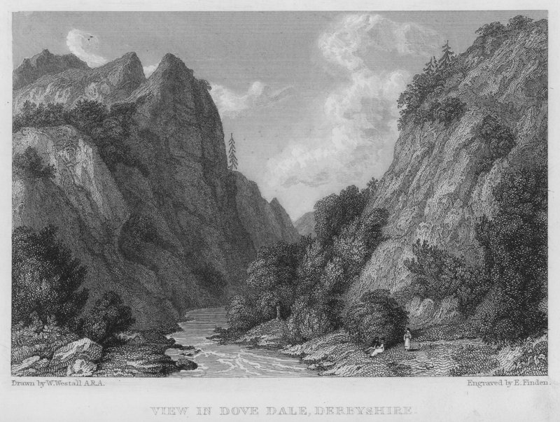 Udsigt i Dove Dale, Derbyshire (gravering) af William (after) Westall