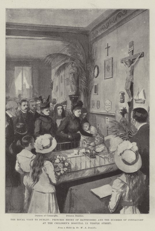 Det kongelige besøg i Dublin, prinsesse Henry af Battenberg og hertuginden af Connaught på børnehospitalet i Temple Street litho af William A. Donnelly