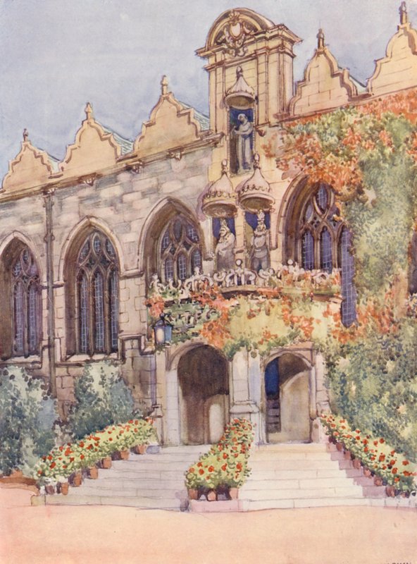 Indgang til Oriel College Hall med statuer af Jomfruen og barnet, Edward II, den nominelle grundlægger af college, og Charles I, i hvis regeringstid hallen blev bygget (farvelitografi). af William Ainsworth Wildman