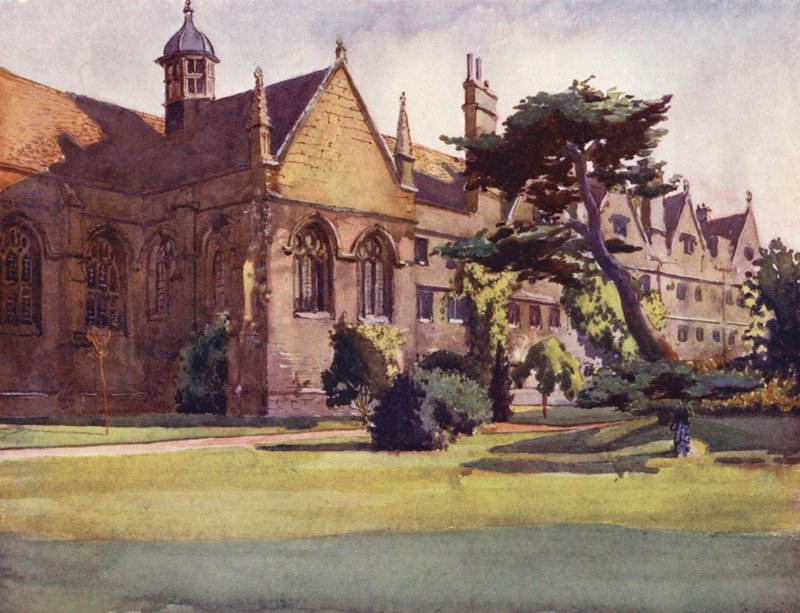 Wadham Colleges havefront (farvelitografi) af William Ainsworth Wildman
