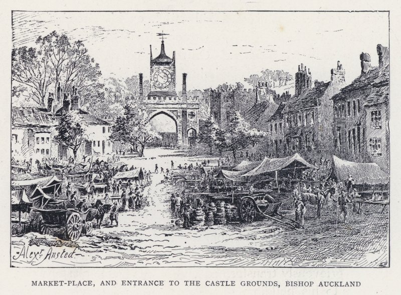 Markedsplads og indgang til slottets område, biskop Auckland (gravering) af William Alexander Ansted