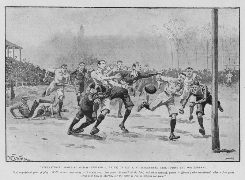 International fodboldkamp (England v Wales) den 6. januar på Birkenhead Park, første forsøg for England (litho) af William Barnes (after) Wollen