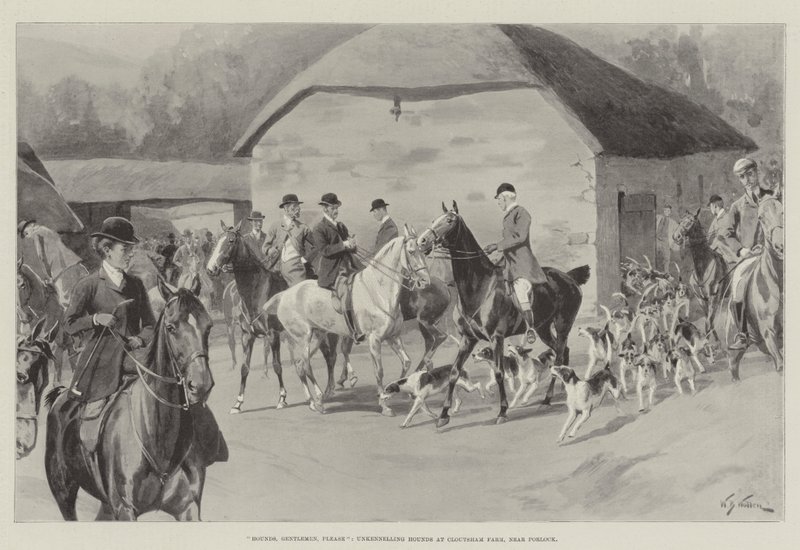 Hounds, Gentlemen, Please, unkennelling Hounds at Cloutsham Farm, near Porlock af William Barnes Wollen