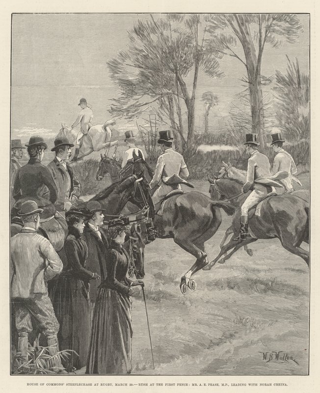 Underhusets steeplechase ved Rugby, 29. marts, Rush at the First Fence, hr. A. Pease, MP, leder med Norah Creina af William Barnes Wollen