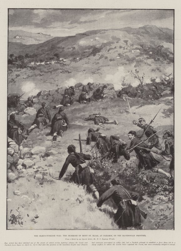 Den græsk-tyrkiske krig, skænderiet ved Mont St Elias, ved Nazaros, på den makedonske grænse af William Barnes Wollen