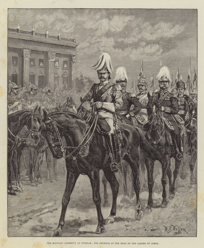 Den militære ceremoni i Potsdam, kejseren i spidsen for Gardes du Corps af William Barnes Wollen